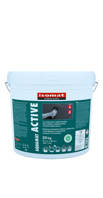 AQUAMAT-ACTIVE Ultra-flexible, fast-setting, 2-component, waterproofing cement-based slurry containing recycled raw materials. фото №1